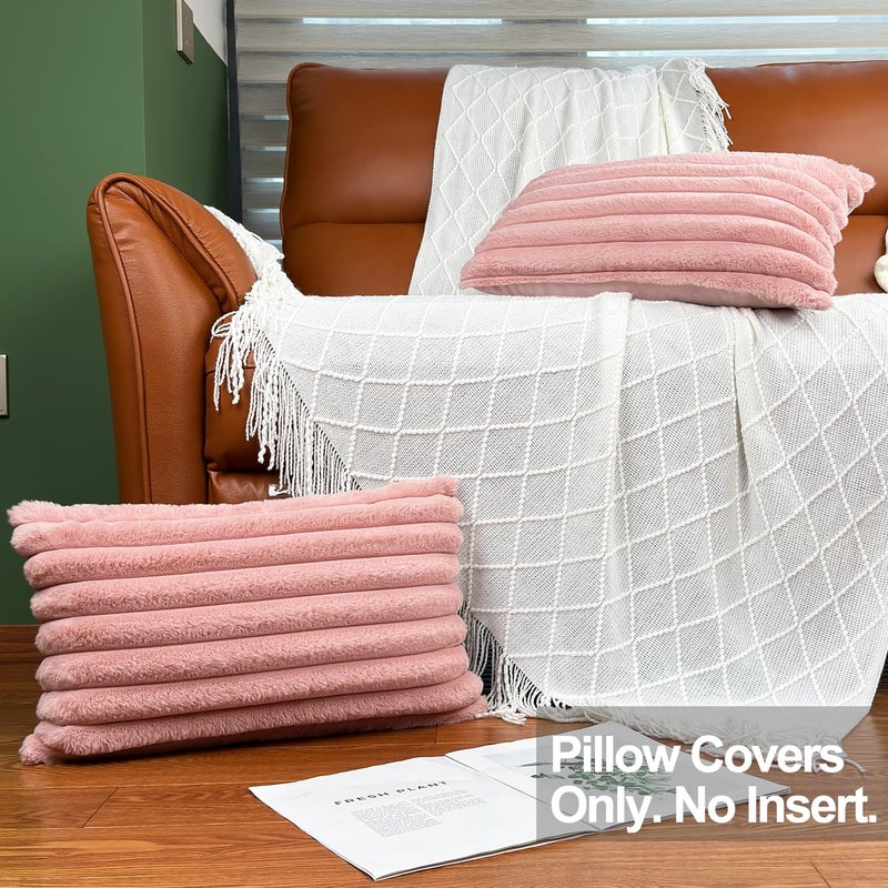 COTEY 12x20 Throw Pillow Covers Set of 2  Decorative Faux Fur Covers for Bed  Couch Soft Fluffy Pillow Cover with Velvet Back for Living Room  Neutral Home D?cor Accent for Sofa - Pink - Image 2